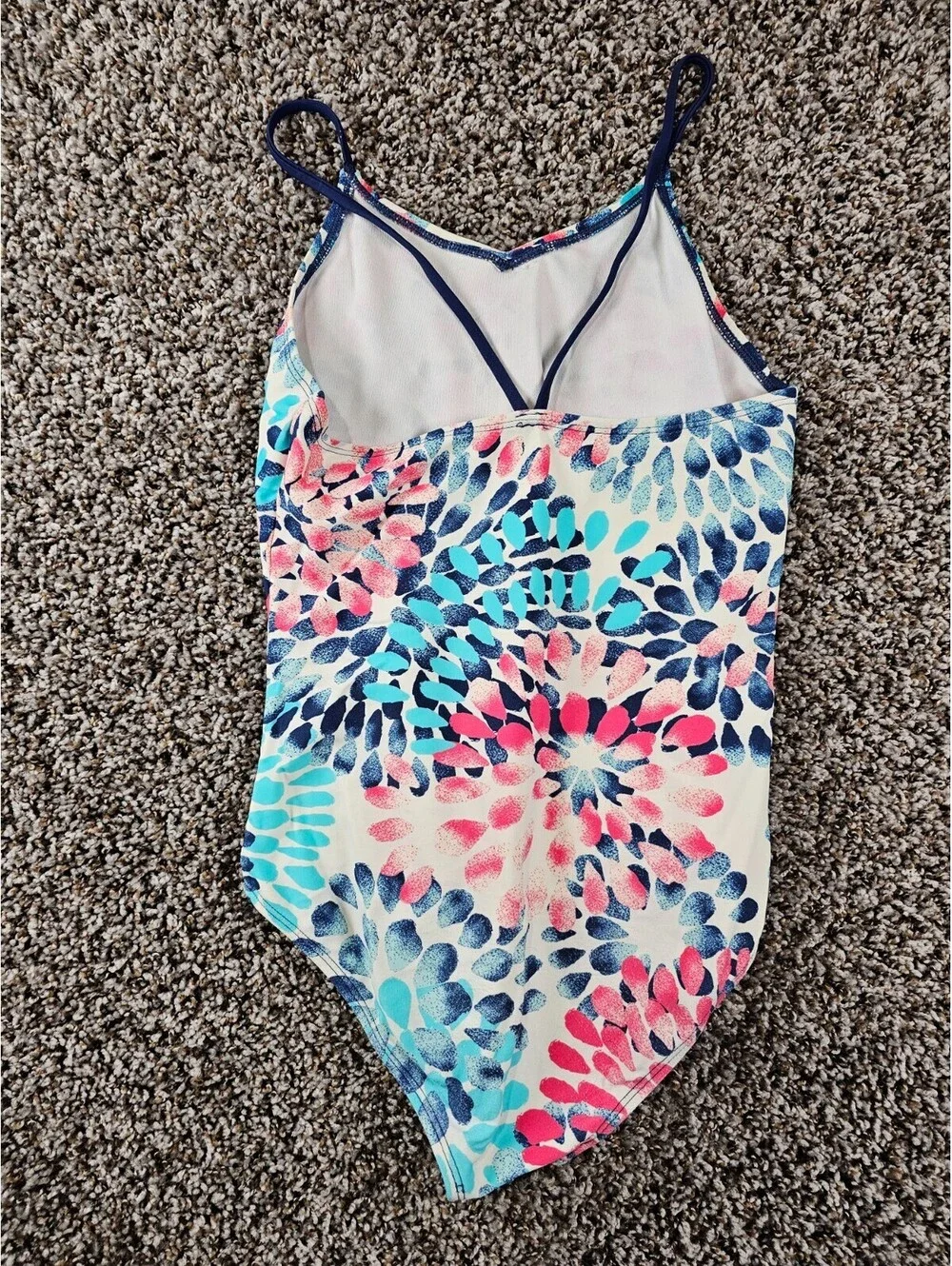 Okami Hawaii Girls Sz 14 One Piece Swimsuit Blue Pink Geometric Floral Print